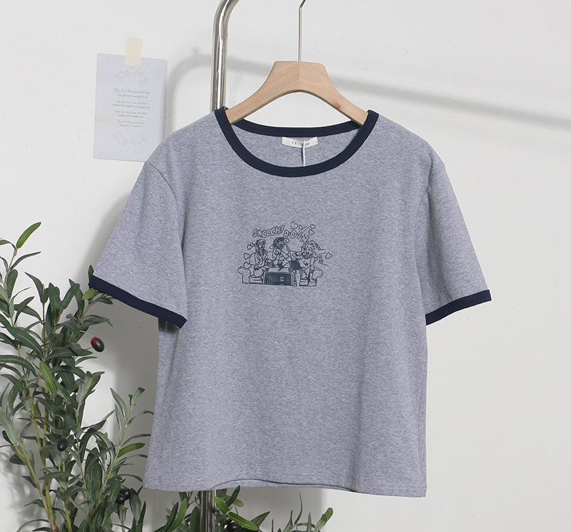 Real Shot Loose Slimming Printed round Neck Contrast Color Short Sleeve Casual Bottoming Shirt Top T shirt