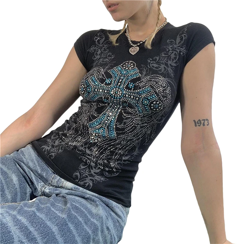 Rhinestone T Shirt y2k Aesthetic Fairy Grunge Cross Wings Pattern Short Sleeve Tops Casual Graphic Tee 2000s Streetwear