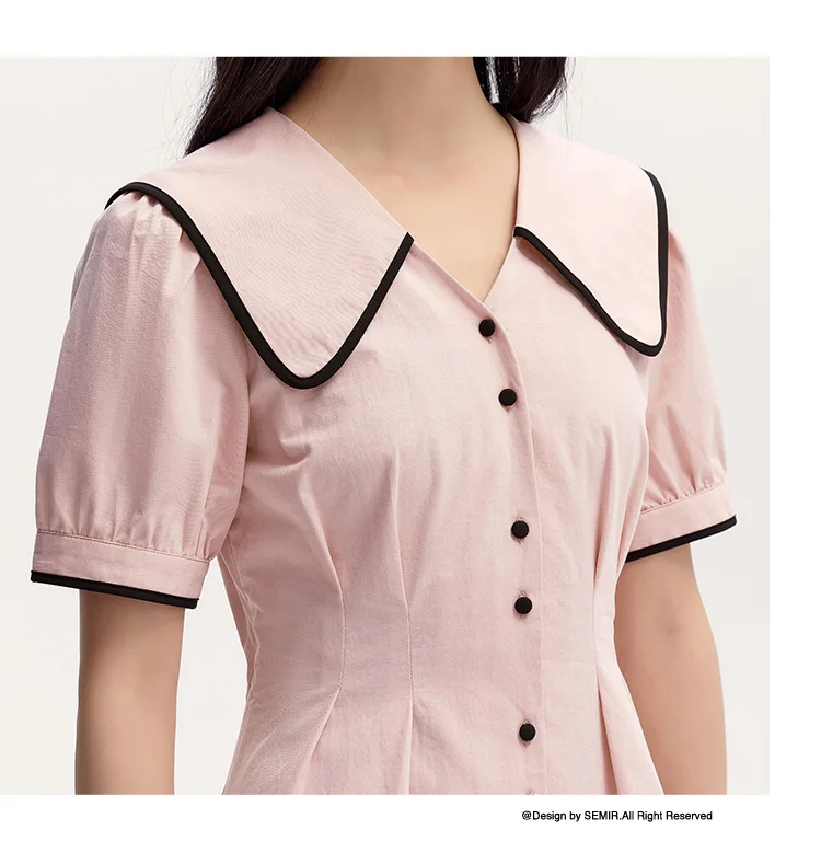 Dress Women Pure Cotton Puff Sleeves Dress Summer New Color-Block Large Lapel Mid-Length Dress College Style