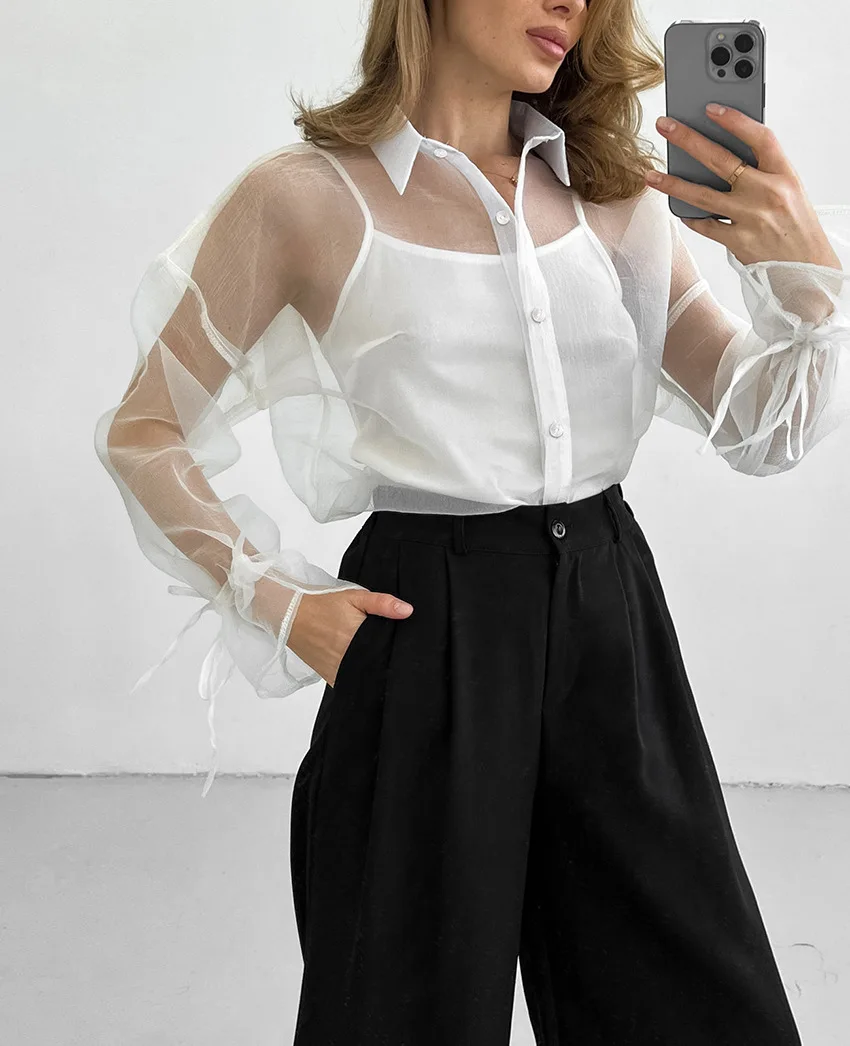 Mesh See-through Lace-Up Shirt Women's Sexy Long Sleeve Tops Fashion Solid Color Casual Streetwear Women's Shirt Tops
