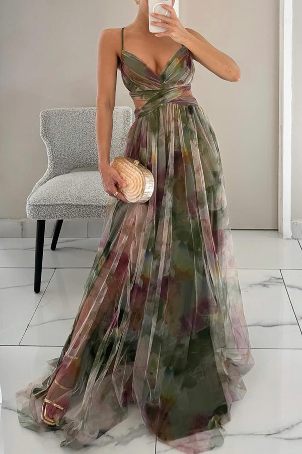 Ladies' summer princess chiffon printed hollow sexy waist and back lace up long dress