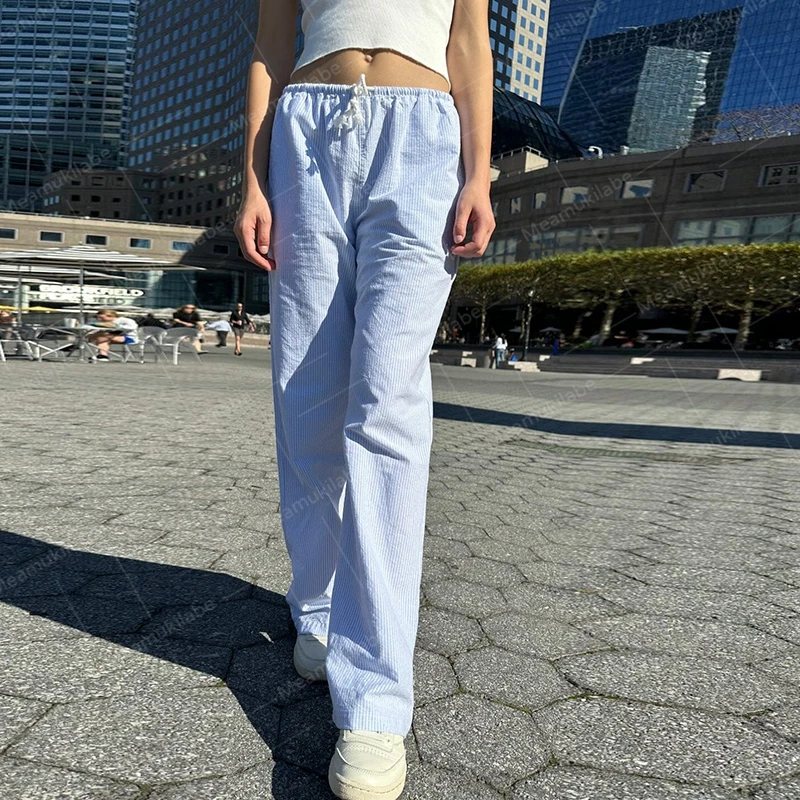Comfy Loung Pants Streetwear Casual Tie Up Waist Wide Leg Trousers Y2K Vintage Striped Loose Pants Women Pajamas Sleepwear