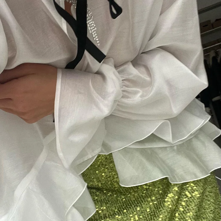 Bandage See-Through Chiffon Shirts Pullover For Women Cover up Patchwork Fashion Summer Lace-Up Women's Blouse Top