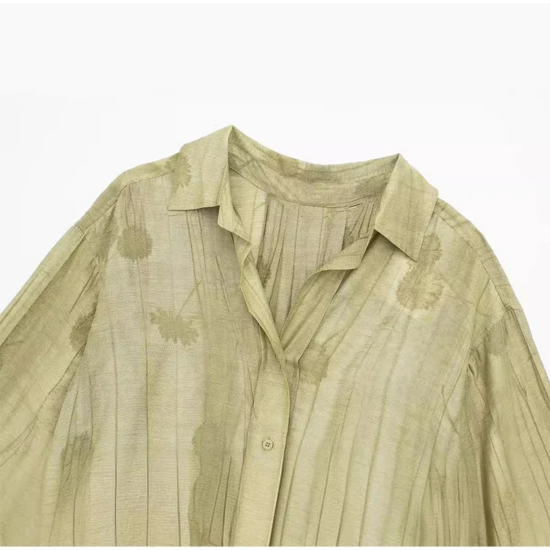 New Linen Tie-dye Print Long Pants Sets For Women Lapel Half Sleeve Single Breasted Shirts Drawstring Wide Leg Pant 2 Pieces Set