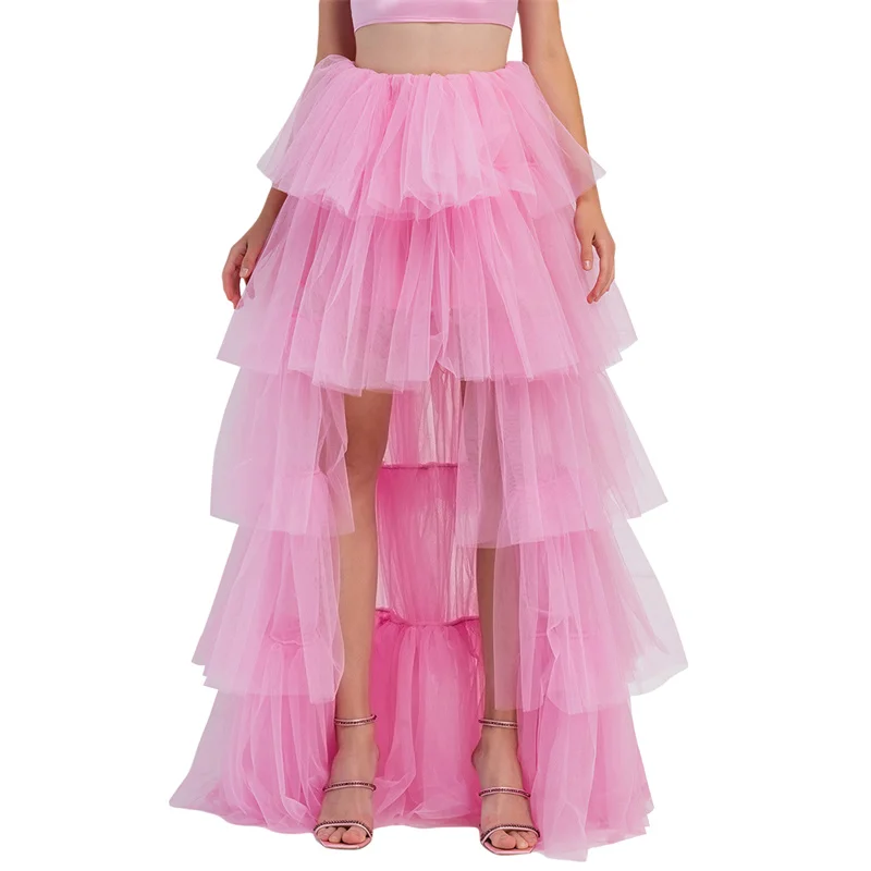 Tulle Skirts Women y2k Solid Color Elastic High Waist Asymmetrical Hem Long Skirts Summer Evening Party Skirt Clubwear
