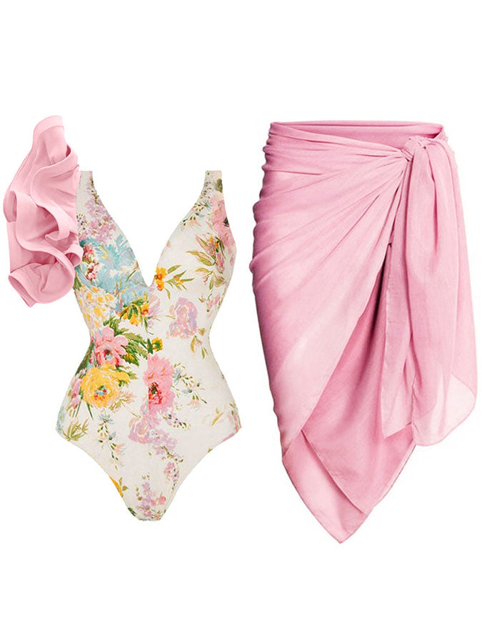 Printed Plunge One-Piece and Cover Up Swim Set