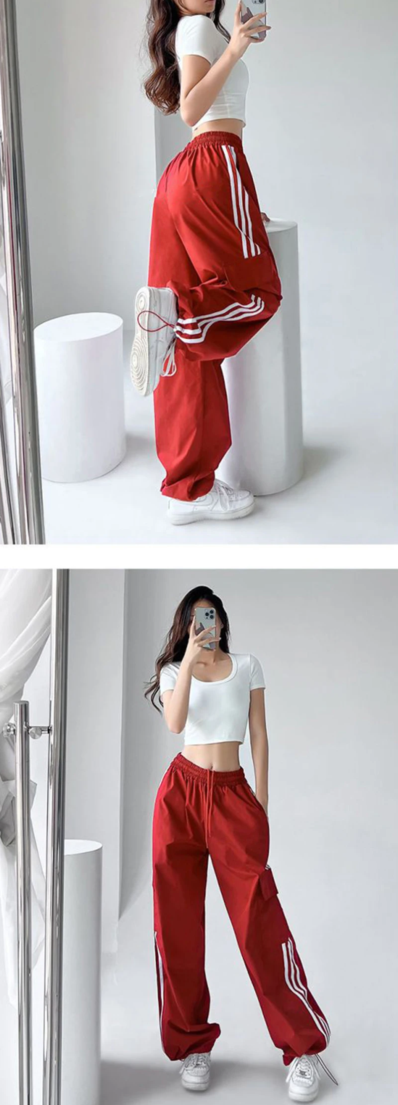 Striped Sweatpants Women Hip Hop Streetwear Baggy Wide Leg Cargo Pants Bf Y2K High Waist Drawstring Joggers Trousers