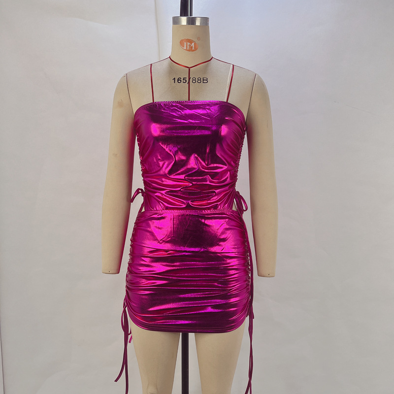 Metallic Coated Fabric Fall Women Clothing Drawstring Jumpsuit Drawstring Hip Skirt Women Suit