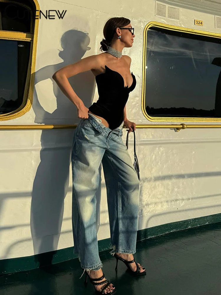 Solid Trend Women Bodysuit Simple Strapless Chic Shape Low Neck Skinny Tank Tops Mujer Classic Wild Street Club Playsuit