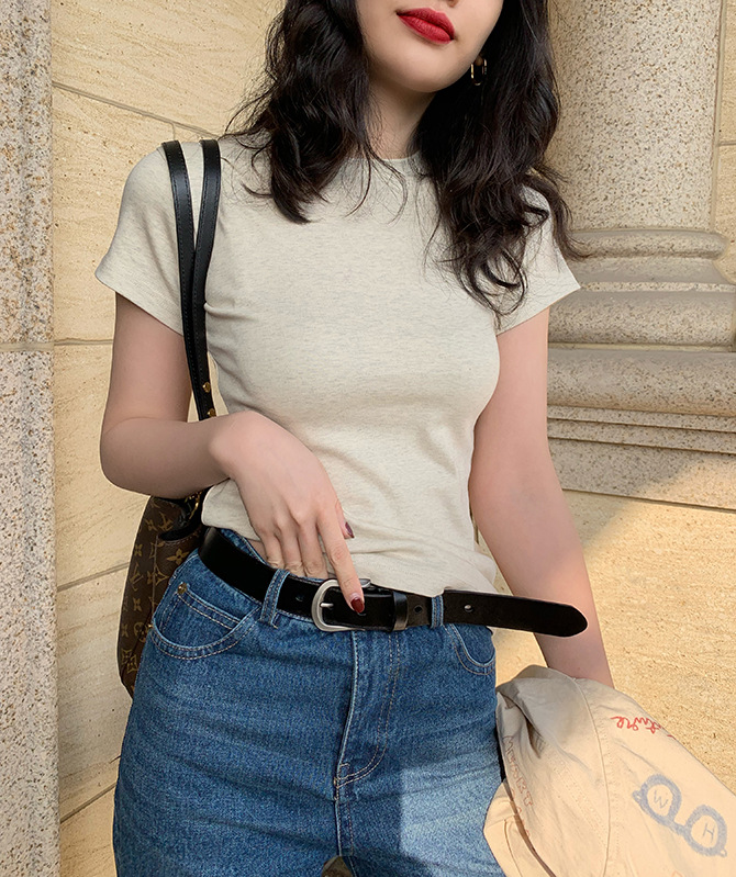 White T shirt Women Shoulder Short Sleeve Slimming round Neck Cotton Bandage Dress Bottoming Top