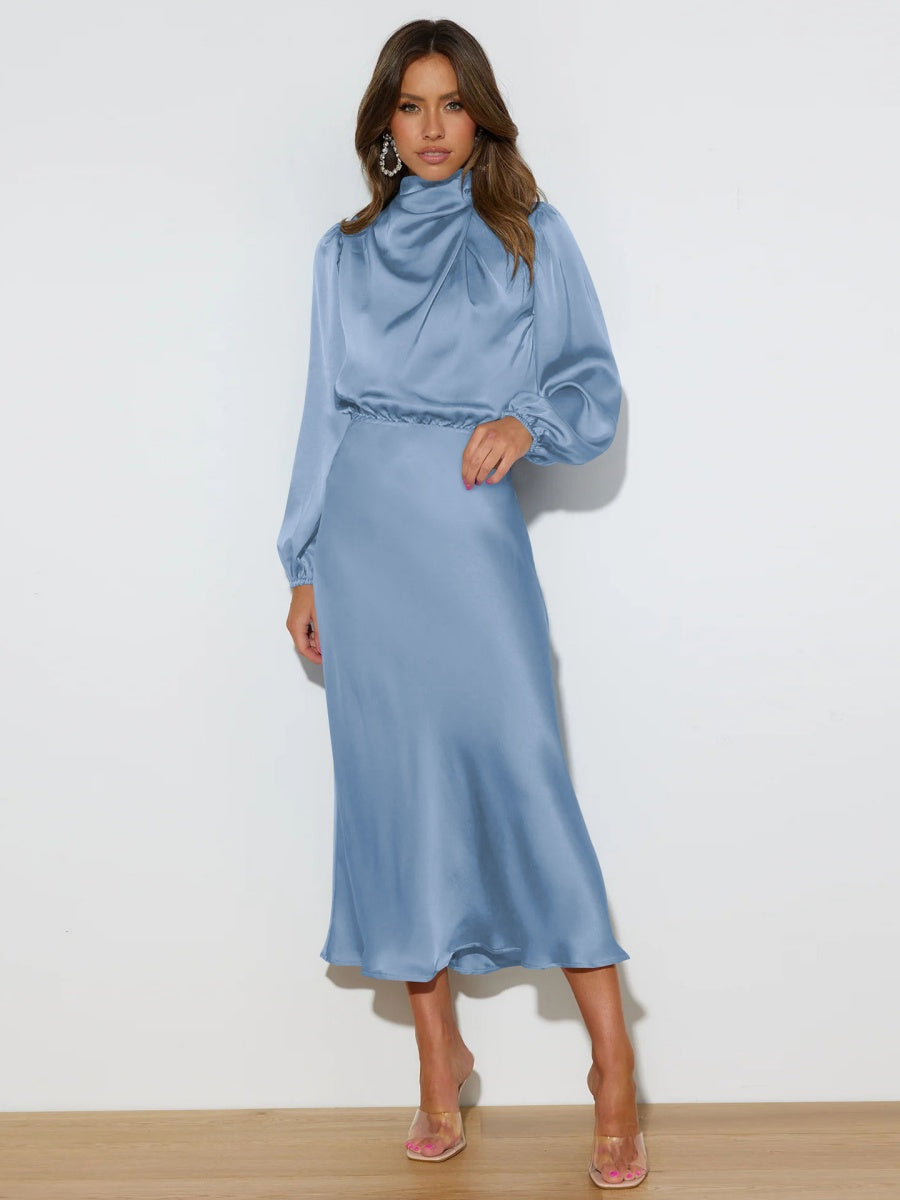 Satin Long Sleeve Zipper Solid Color Maxi Dresses