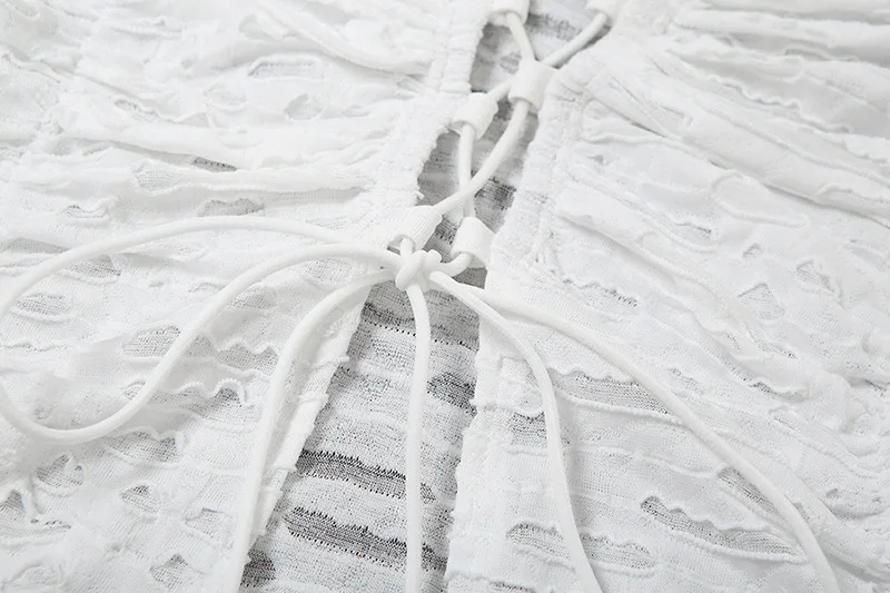Autumn Fashion Ruffled T-shirt Cropped Top Female Hollow Out Lace-Up Patchwork Loose Outwear White Women Bandage Tee Coat