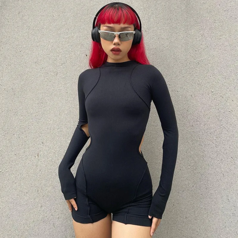Summer Fashion Slim Solid Colour Playsuit One Piece Casual Round Neck Sleeveless Women's Sexy Hollow Splicing Women Clothing