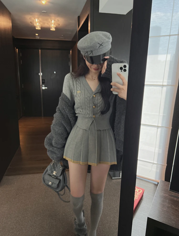 Autumn Knitted Two Piece Skirt Set Women Long Sleeve Single Breasted V-neck Top Mini Pleated Skirt Korean Chic Female Outfit New