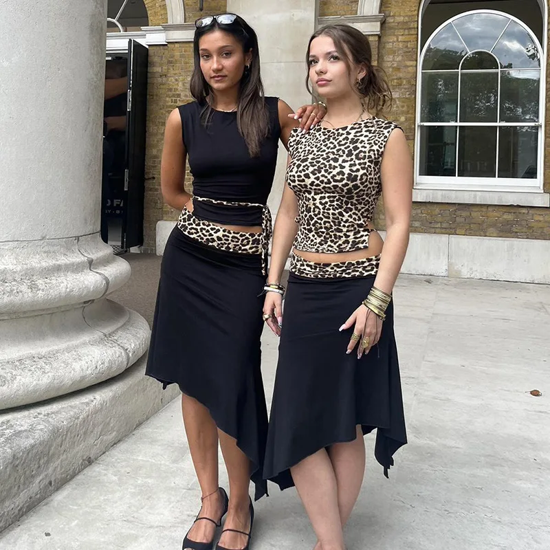 Fashion Double Wear Skirt Suit Female Leopard Print Lace Up Sleeveless Vest Irregular Splice Skirt Two Pieces Set Women's
