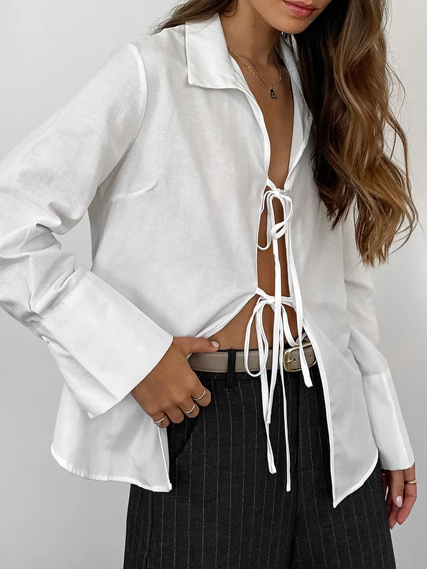 Women's Long Sleeve Shirt Hollow Lace Up Solid Color Casual Fashion Top Commuting Patchwork Women's Shirt Cardigan Top