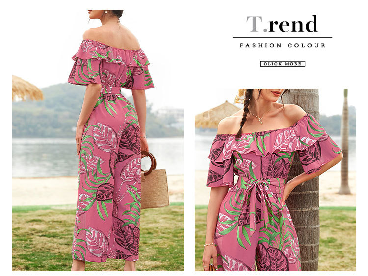 Women Clothing Fashion off-Shoulder Floral Jumpsuit Summer Short Sleeve Chiffon Vacation Beach Jumpsuit