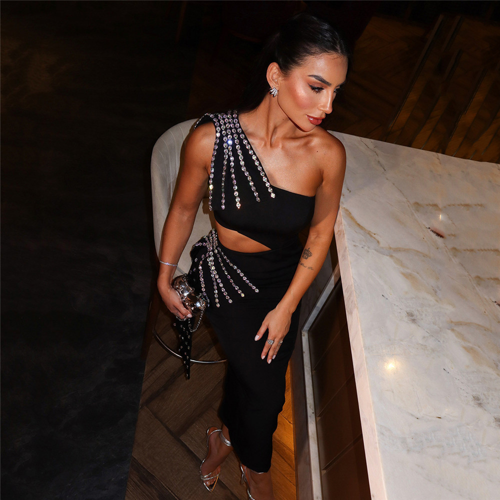 Sexy One Shoulder Hollow Out Cutout out Bandage Dress Diamond Elegant Evening Dress Party Dress