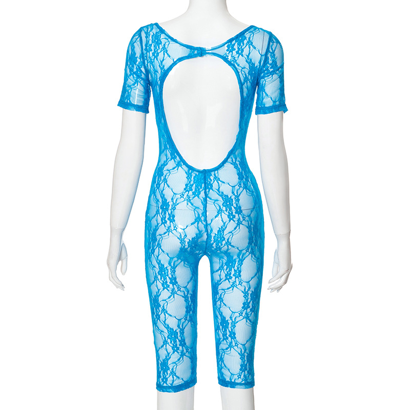 Women Clothing Spring Sexy Lace Stitching U Collar Short Sleeve Cropped Hollow Out Cutout Siamese Shorts