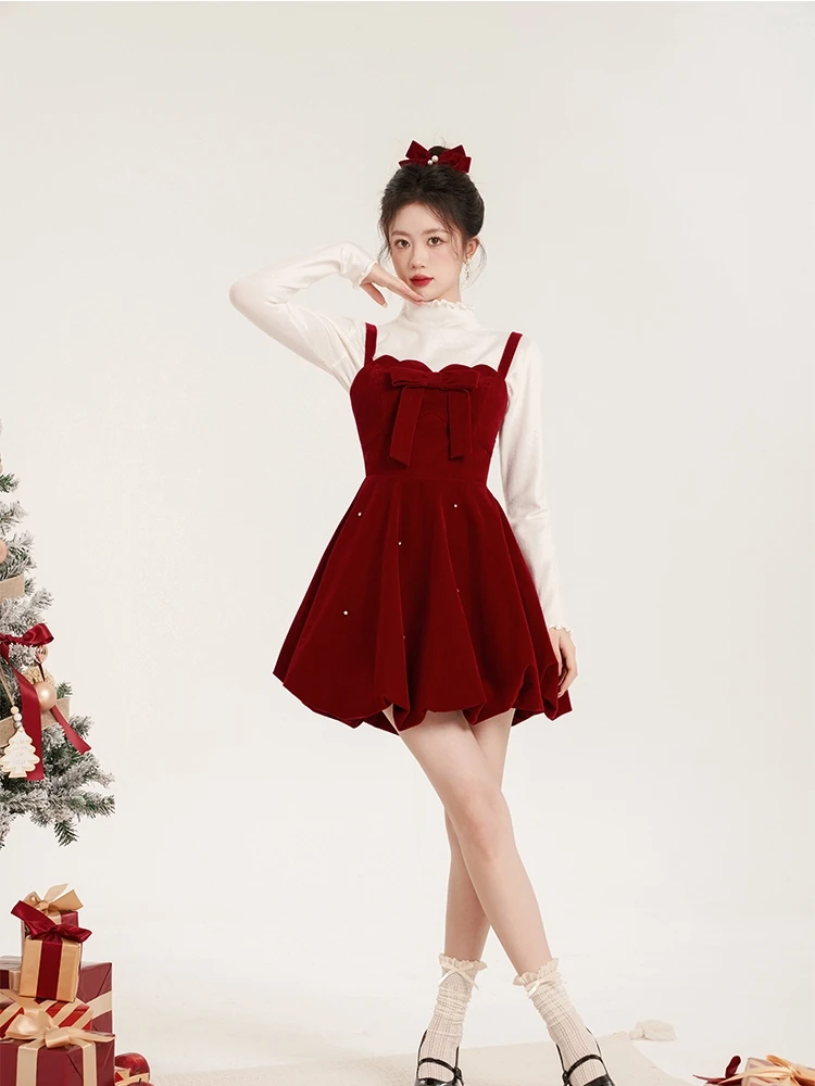 Christmas Two-piece Dress Set Women Solid Sweater A-line Velvet Sleeveless Short Dress Korean Fashion Female Autumn New Outfits
