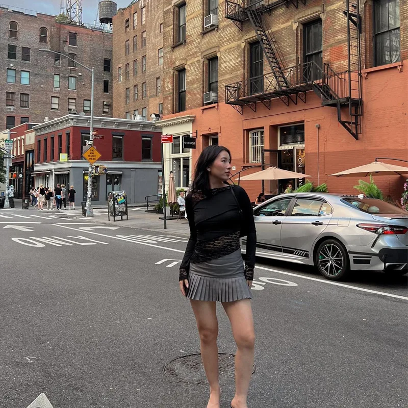 Lace Patchwork See-Through Crop top For Women Fashion Sexy Long Sleeve Slim Patchwork Cropped Y2k Top Female Clothes Tee