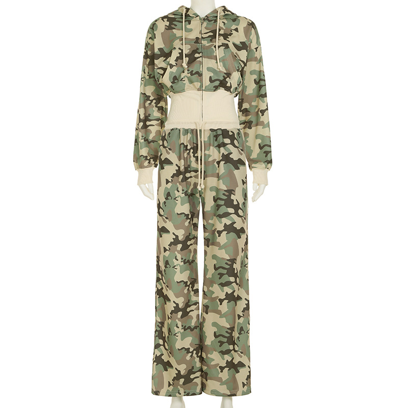 Casual Contrast Color Cinched Hoodie Long Sleeve Sweatshirt Sweatpants Two Piece Camouflage Cardigan Coat Trousers Sets