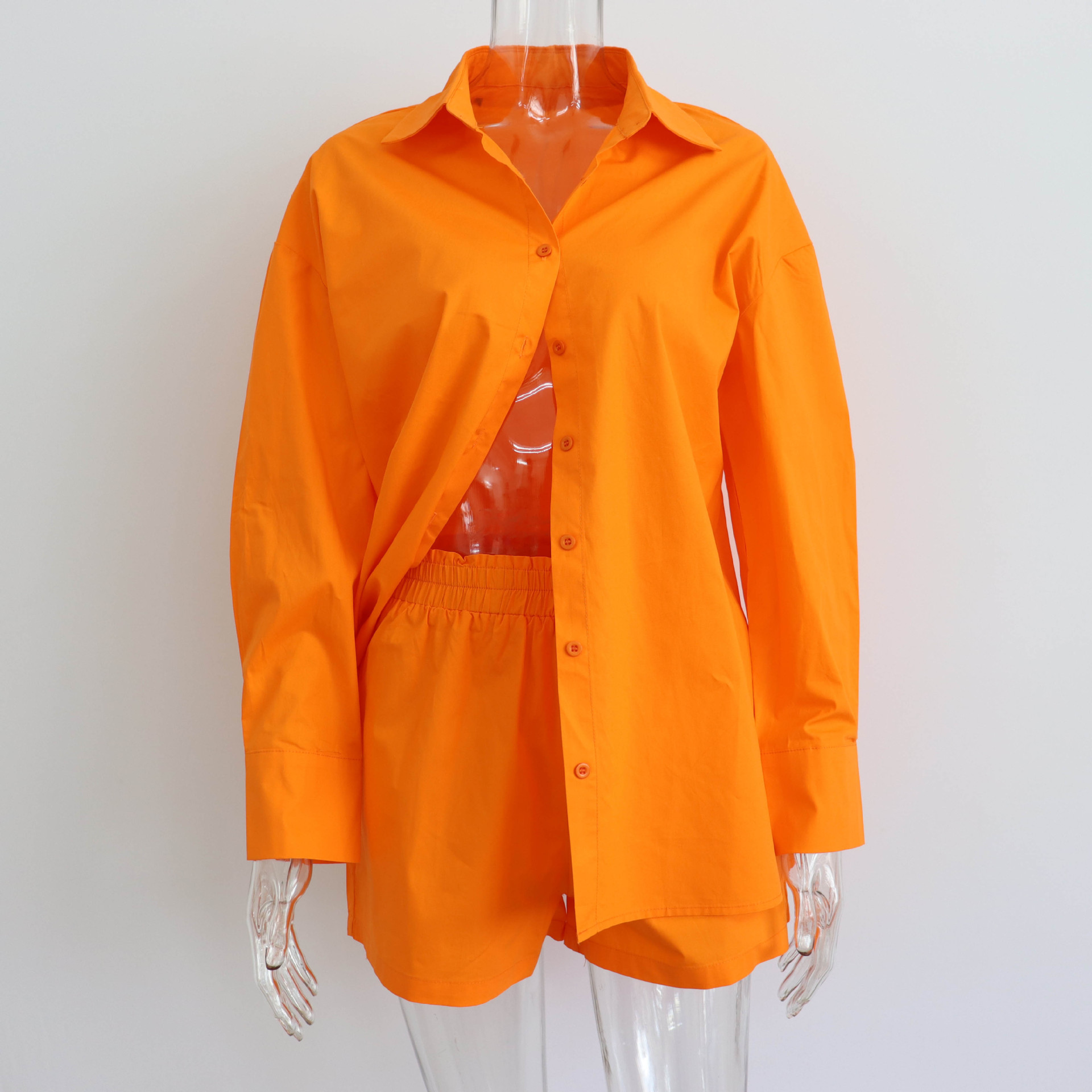 Spring Summer Two Piece Set Solid Color Single Breasted Long Sleeve Collared Shirt Shorts Loose Casual Set