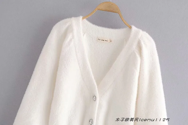 Women's 3-piece Set Korea Style White Cardigan Furry Single-breasted Button Tank Top Knitted Sweater Jumper Shorts Pants Set