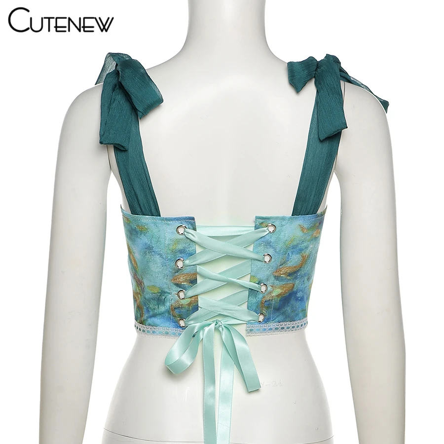 Y2K Vintage Aesthetic Printing Crop Tops Women's Clothes Summer Sexy Bandage Tank Top Skinny Clubwear Camisole Hot Deals