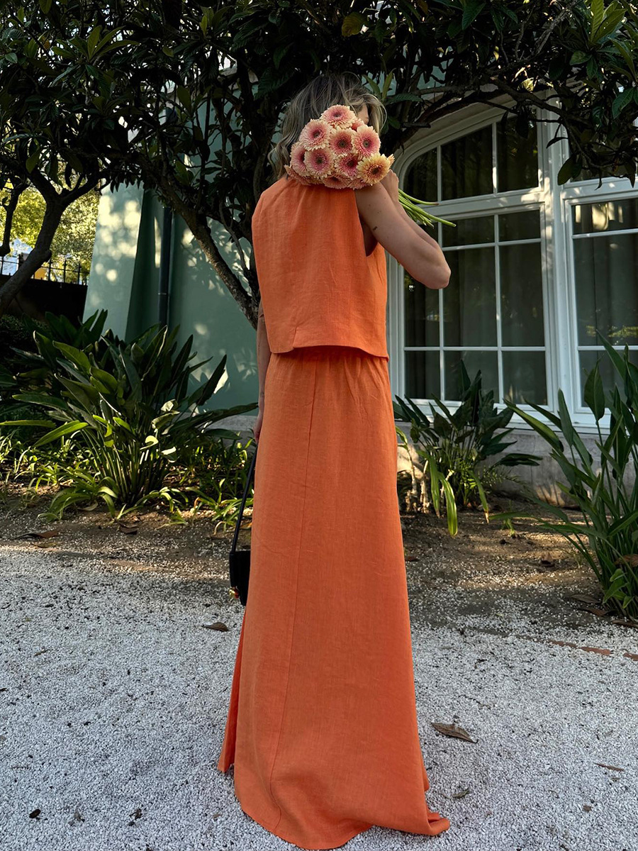 Cotton Linen Vest Skirt Set Women Summer Vest Large Swing Skirt Casual Set