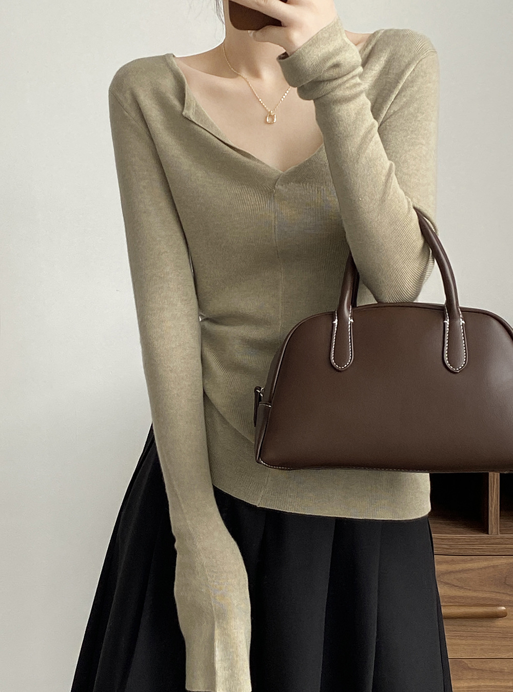 French V Neck Open Sweater Spring Inner Wear Elegant Slim Fit Long Sleeve Top