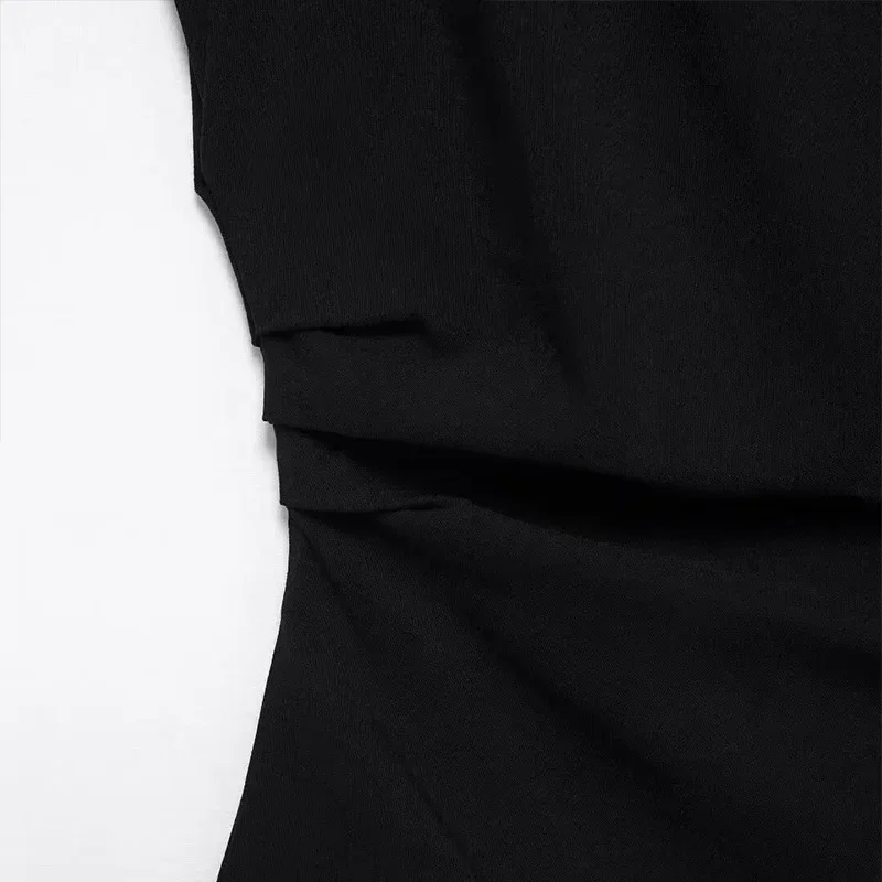 Casual Pleated Sleeveless Vest Women Irregular O-neck Split Shoulder Pad Solid Tank Top Fashion High Street Lady Slim Shirt New