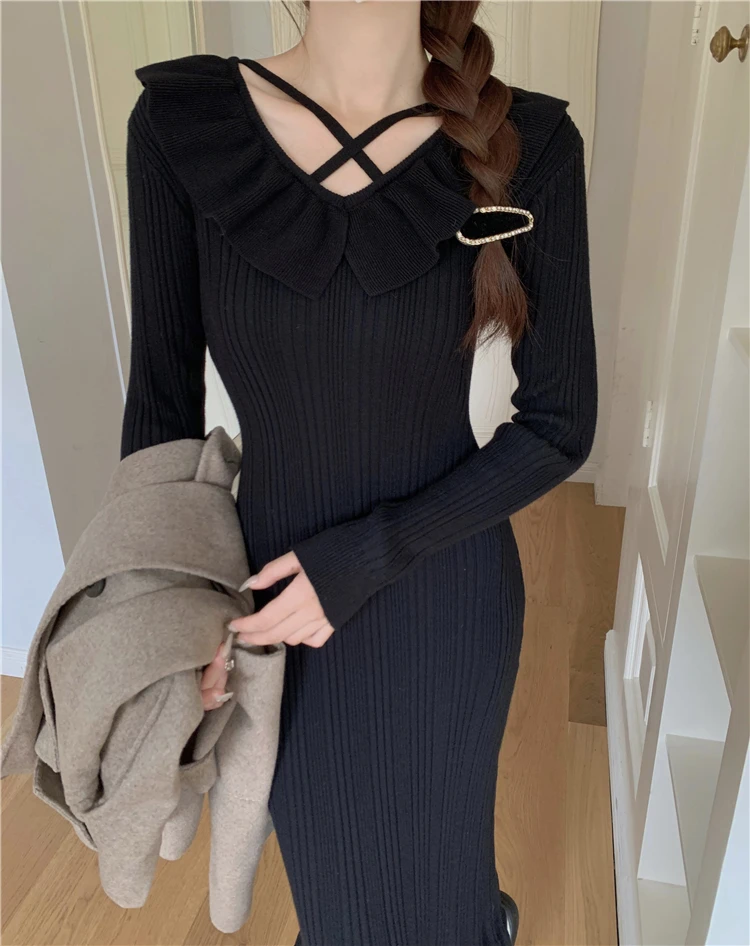 Autumn Knitted Dresses for Women Ruffles V-neck Solid Bodycon Casual Solid Midi Dress Korean Fashion Vestidos Mujer New Knitwear