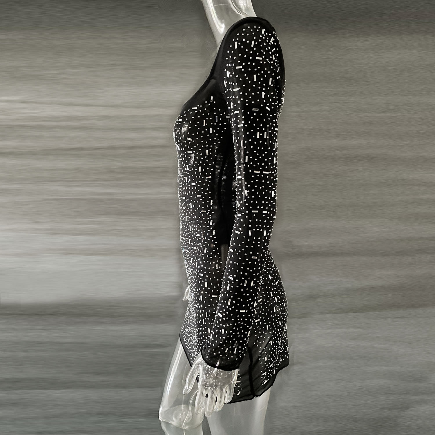 Best Women Clothes Sequined Rhinestone Sexy Semi See through Long Sleeve Short Dress