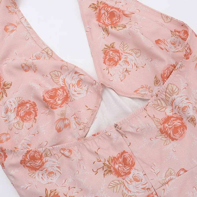 Sexy Print Deep V-neck Sleeveless Backless Neck-mounted Dress Women Slim High Waist Birthday Party Dress Femme Outfits