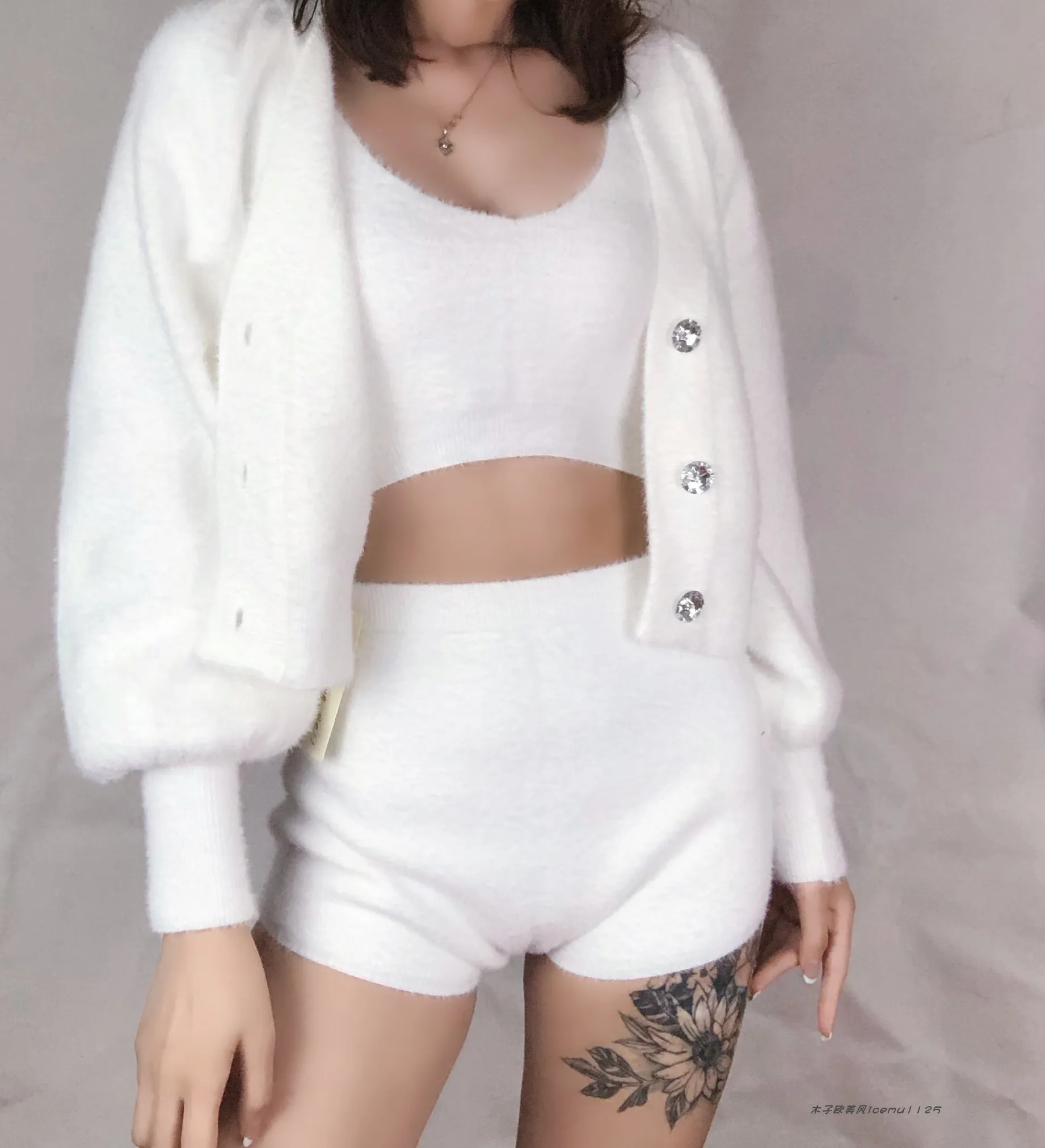 Women's 3-piece Set Korea Style White Cardigan Furry Single-breasted Button Tank Top Knitted Sweater Jumper Shorts Pants Set