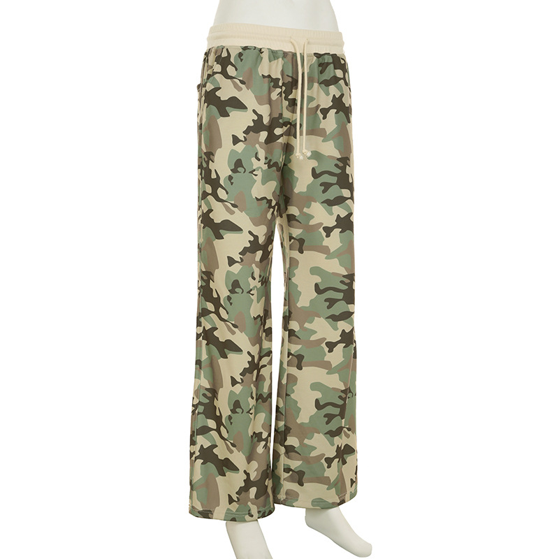 Casual Contrast Color Cinched Hoodie Long Sleeve Sweatshirt Sweatpants Two Piece Camouflage Cardigan Coat Trousers Sets