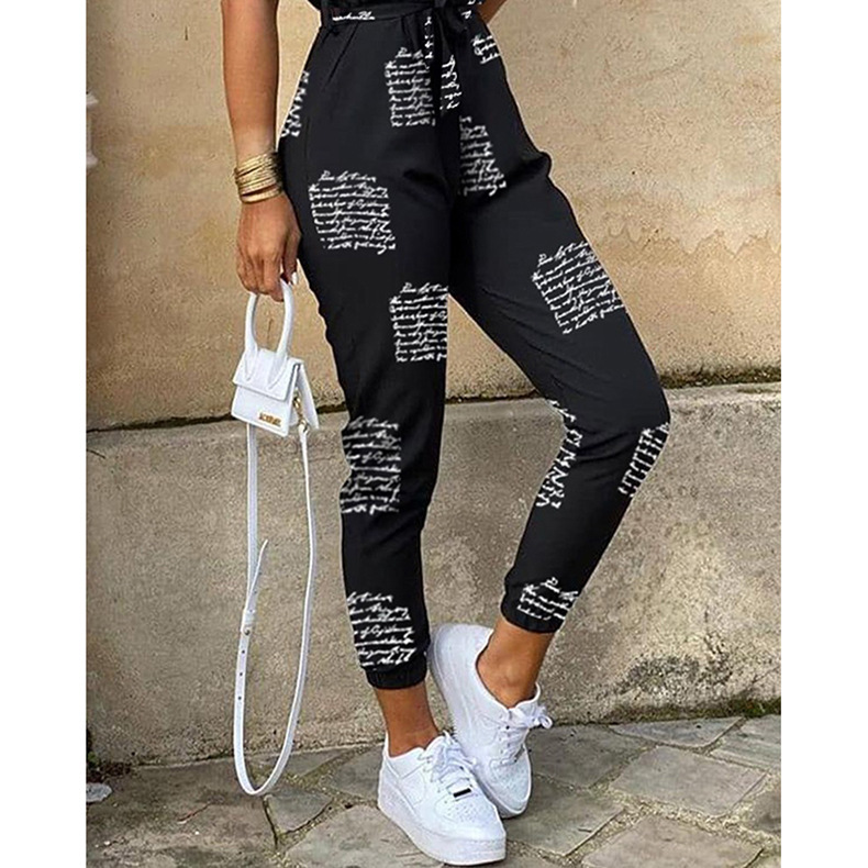 Women Clothing Trousers Casual Collared Button Printed Belt Cargo Overalls Plus size