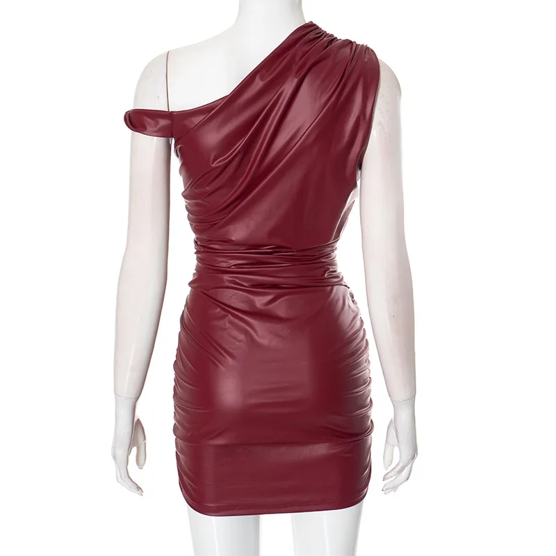 Faux Leather Skew Collar Mini Dress For Women Sexy Twist Sleeveless Ruched Dress Slim Fit Female Club Party Streetwear