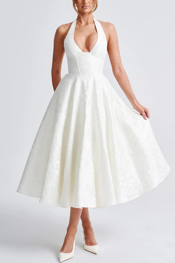Stylish Jacquard Halter Neck Fitted Waist Open Back Elegant Midi Dress
