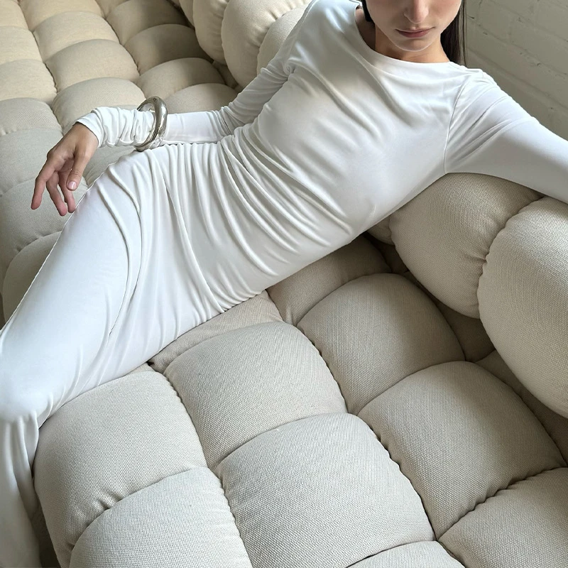 Women Backless Dress for Sexy Solid Color Round Neck Long Sleeve Ruched Bodycon Dresses Cocktail Party Dresses Clubwear