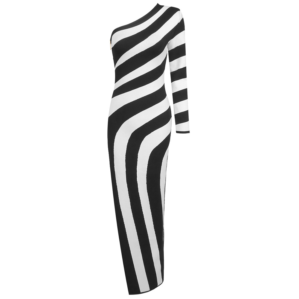 Autumn Winter Black White Striped Sexy High Slit One Shoulder Dress Simple in Bandage Dress