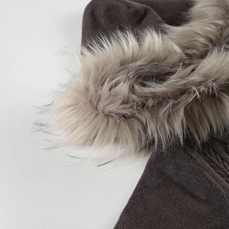 Women Fur Hooded Cardigan Fall Vintage Brown Knitted Zipper Coat Winter Street Outfits Korean Fashion Jacket 2000s