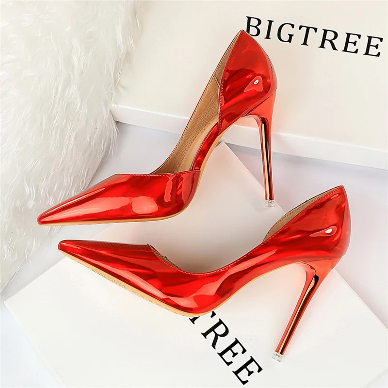 Women 10.5cm High Heels Blue Green Valentine Pumps Luxury Glossy Stripper Stiletto Wedding Bridal Fetish Shoes Plus Size 43