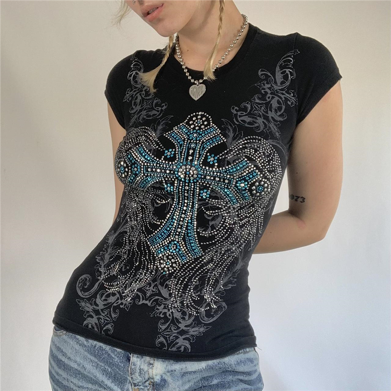 Rhinestone T Shirt y2k Aesthetic Fairy Grunge Cross Wings Pattern Short Sleeve Tops Casual Graphic Tee 2000s Streetwear