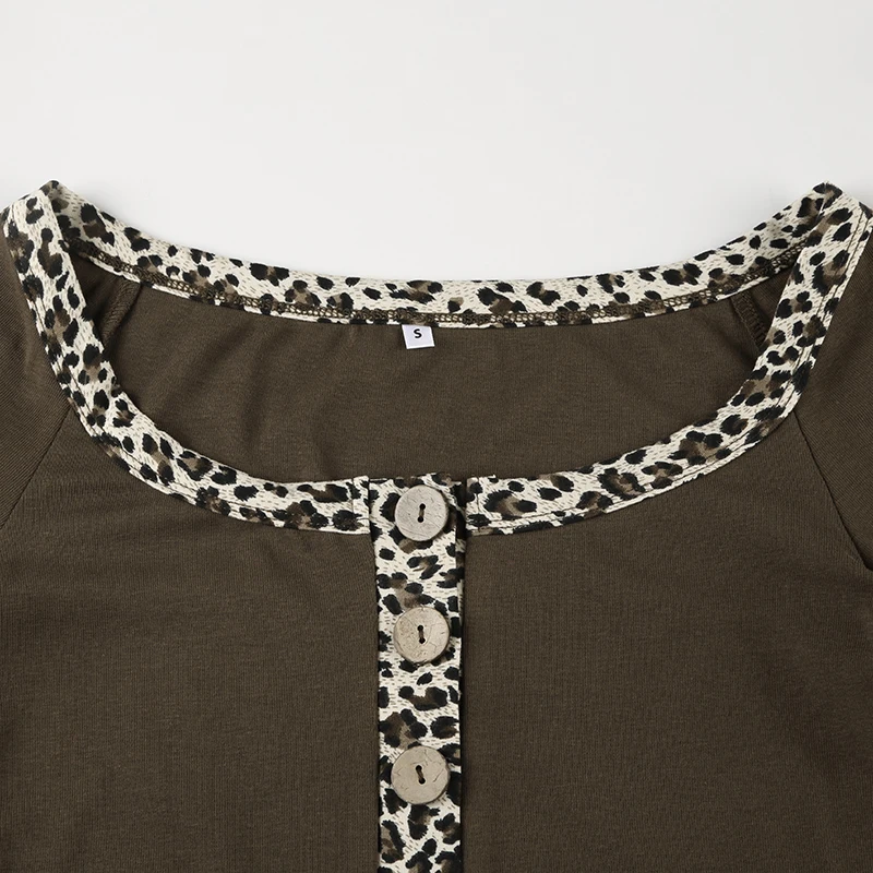 Y2k Trendy Retro Irregular Women��s Tops Long Sleeve Patchwork Leopard Square Collar Button Chic Ripped T-Shirts