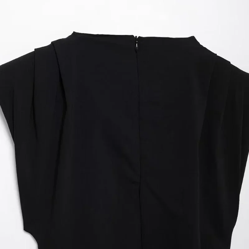 Casual Pleated Sleeveless Vest Women Irregular O-neck Split Shoulder Pad Solid Tank Top Fashion High Street Lady Slim Shirt New