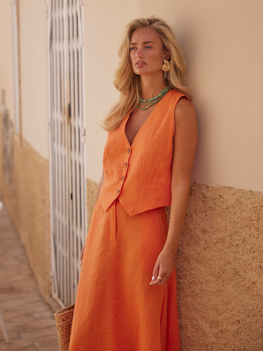 Cotton Linen Vest Skirt Set Women Summer Vest Large Swing Skirt Casual Set