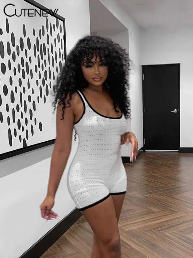 Casual Women Playsuits Basic Summer Panelled Sleeveless U-neck Stretch Holes Sheer Slim Rompers Female Concise One Piece