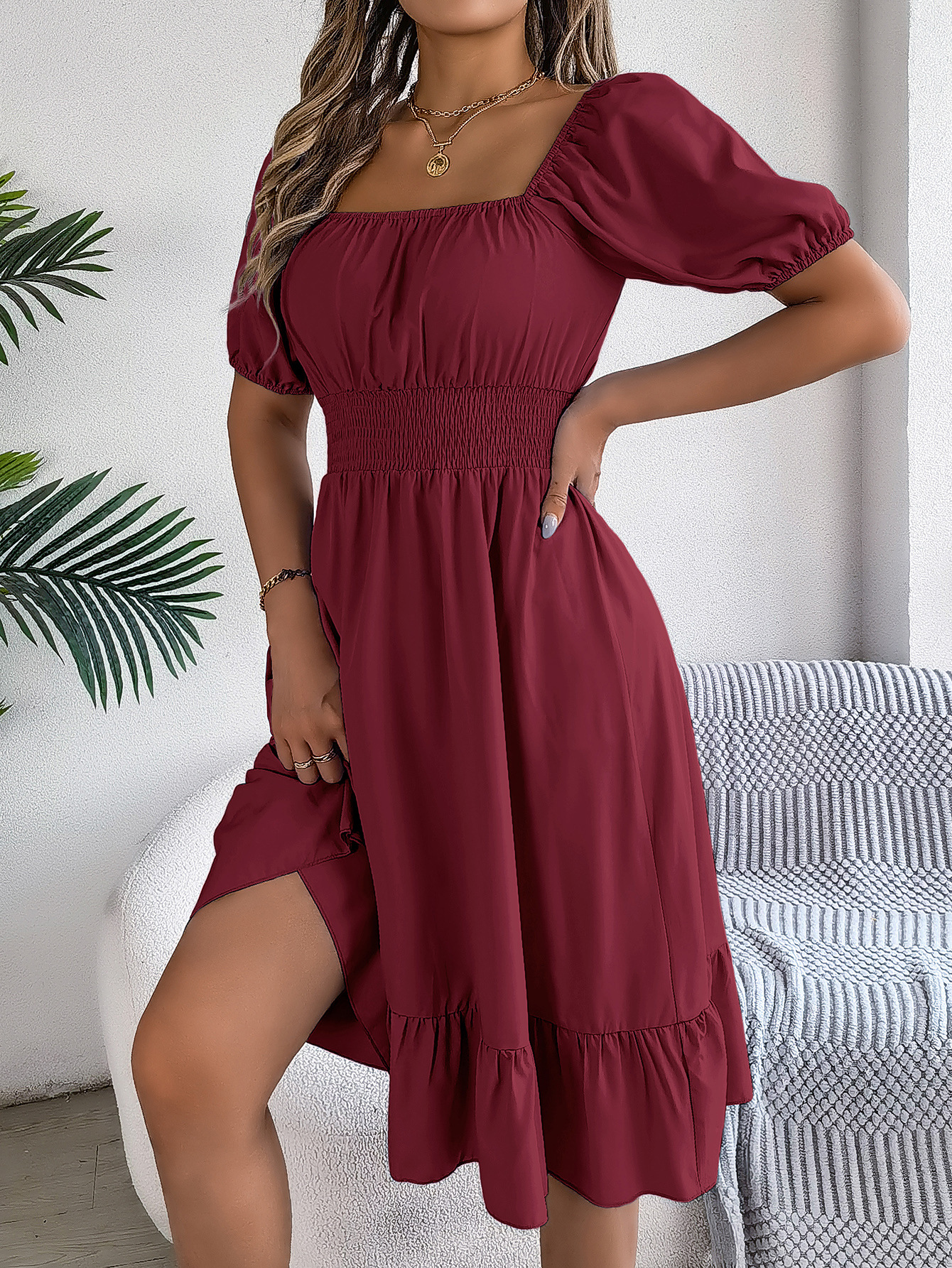 Spring Summer Casual Square Collar Short Sleeve Waist Trimming Ruffles A line Dress Women Clothing